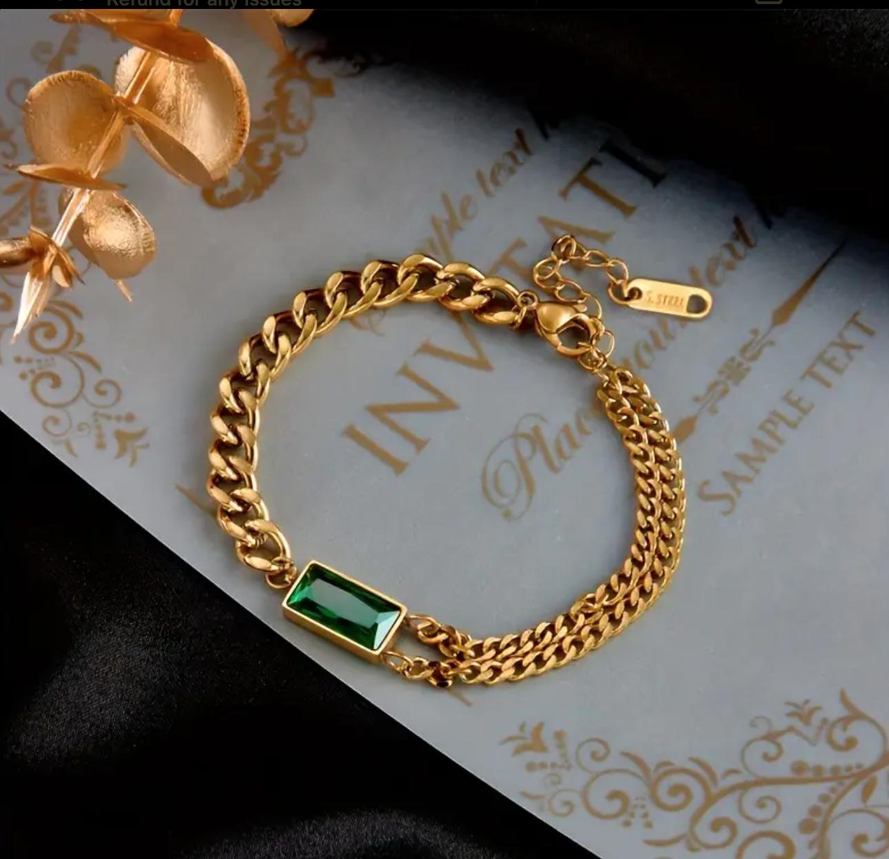 Hena Bracelet - Stainless Steel Trendy Green Small Square Golden Chain Bracelet, Gift For Women