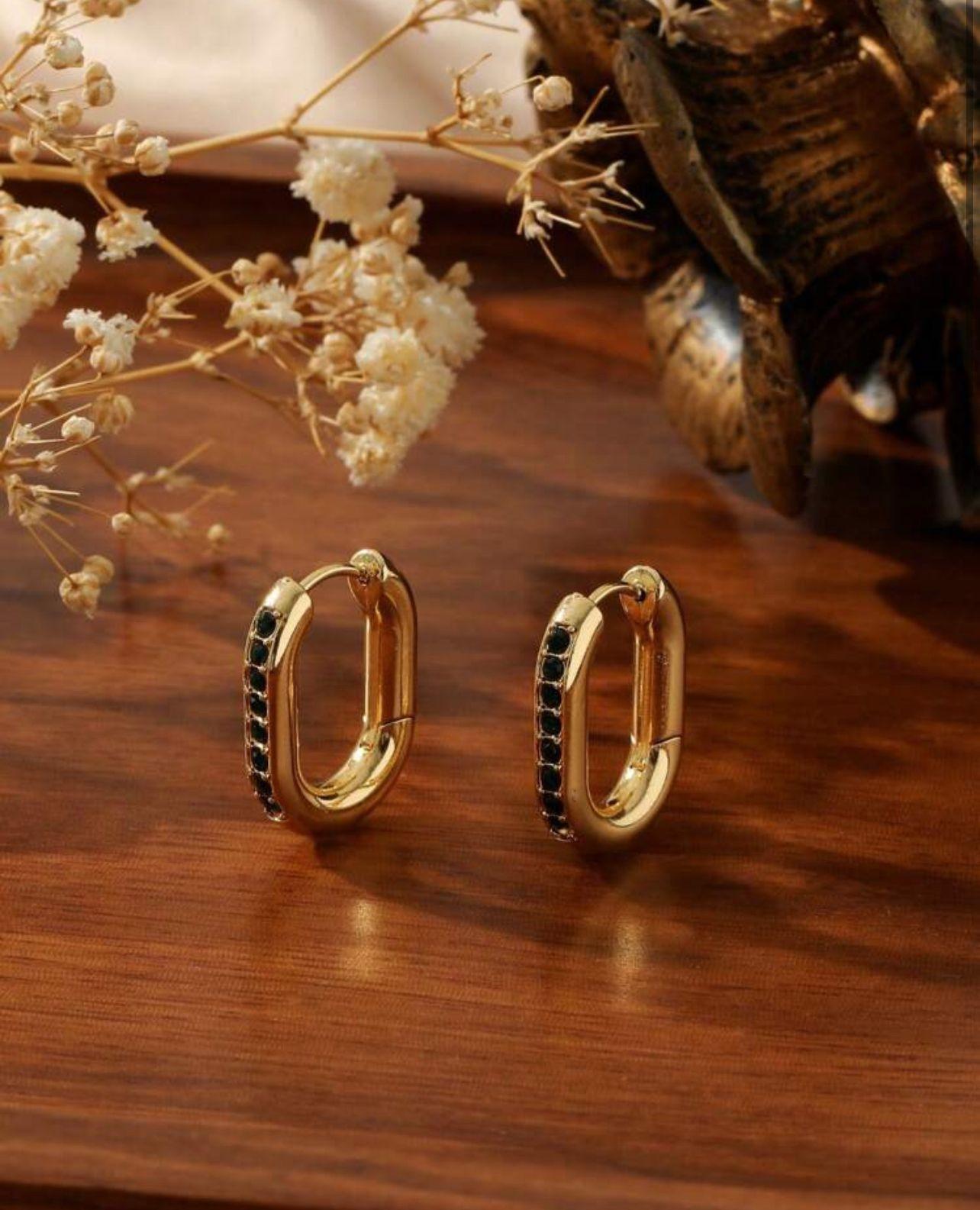 Oval StoneHoop in Gold Stainless Steel Bead Earrings With Inlaid Colorful Glass