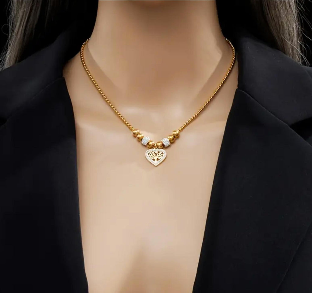 Tree of Life - Stainless Steel Necklace, Earing and Ring with Heart Tree of Life Pendant and Rhinestone Accents, Simple Elegant Beaded Chain