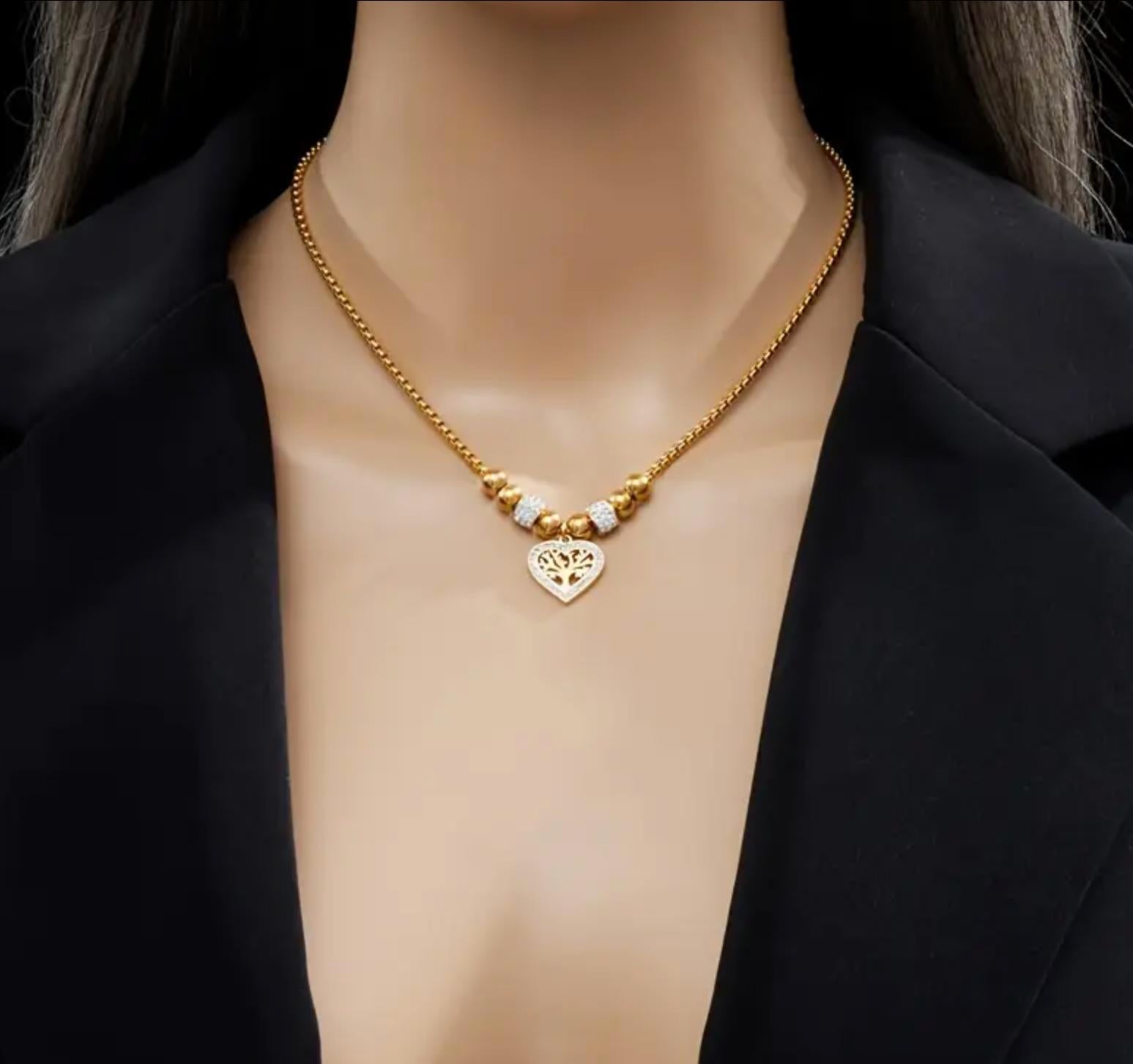 Tree of Life - Stainless Steel Necklace, Earing and Ring with Heart Tree of Life Pendant and Rhinestone Accents, Simple Elegant Beaded Chain