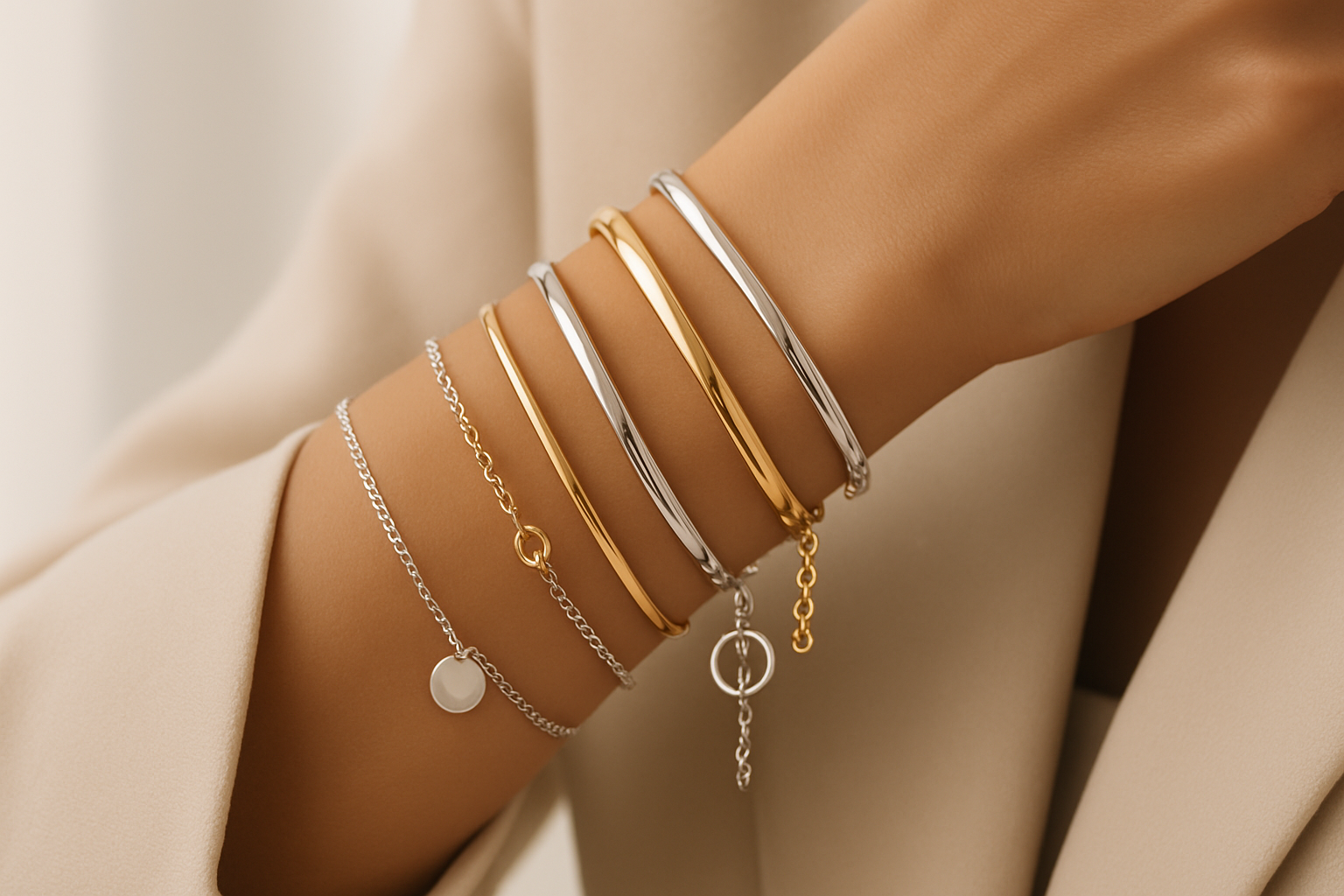 woman wrist with some silver and golden colored bracelets for website hero slider