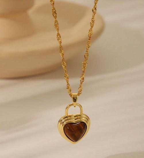 1pc Vintage Brown Gemstone Stainless Steel Pendant Necklace, Oval Sun & Heart Shape Golden Plating