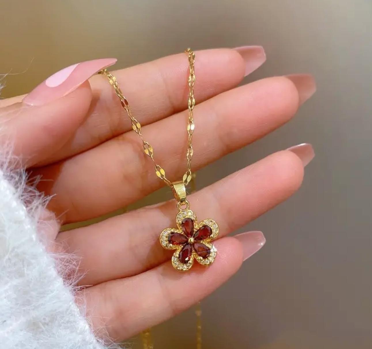 Five Petal necklace- Stainless Steel 18K Gold plated Five Petal Flower Necklace, Fashion Red Flower Pendant Necklace