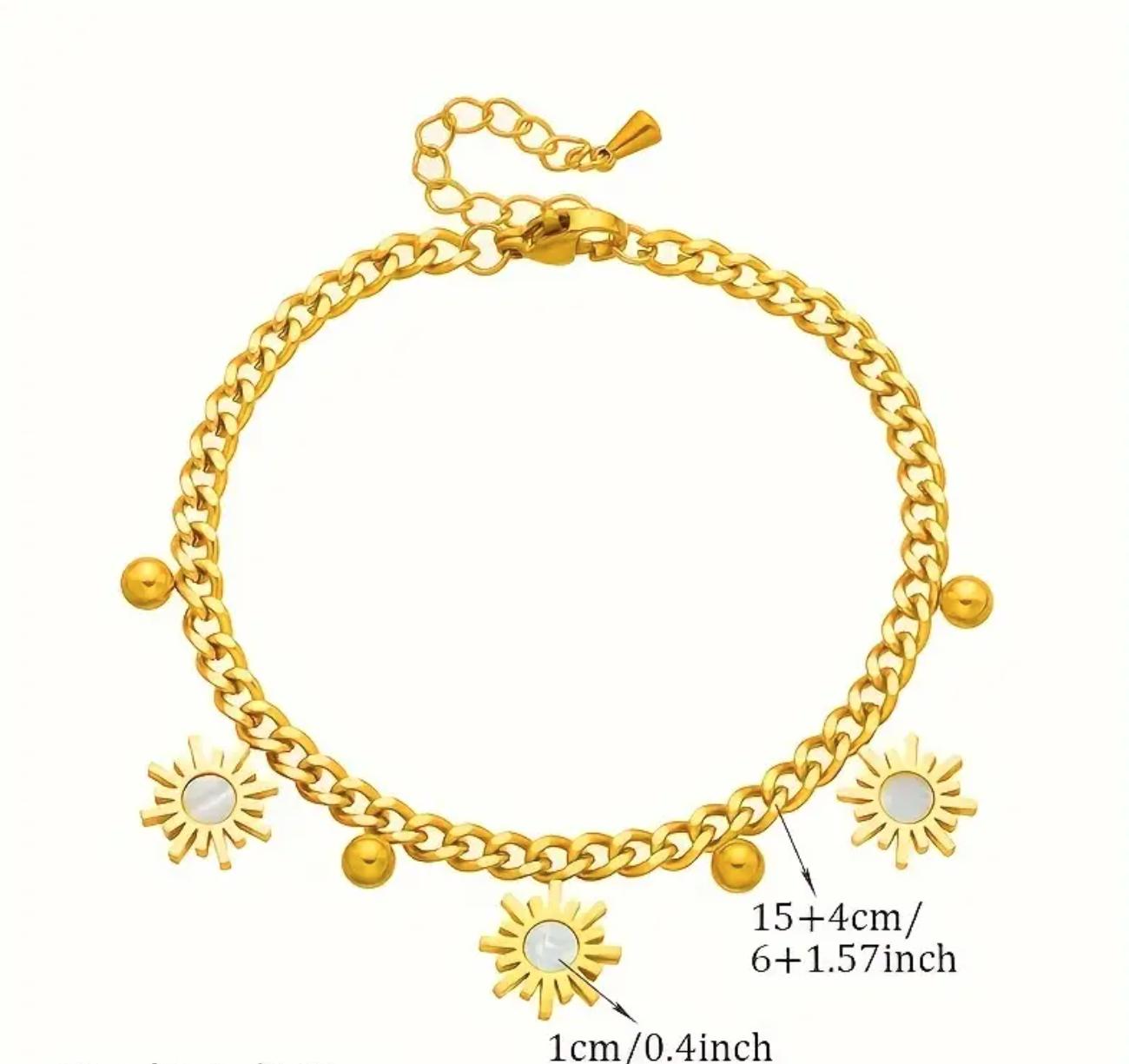 Sun Charm Bracelet - Stainless Steel  Bracelet with Golden Beads - Non-Tarnish, Perfect for Everyday & Party Wear