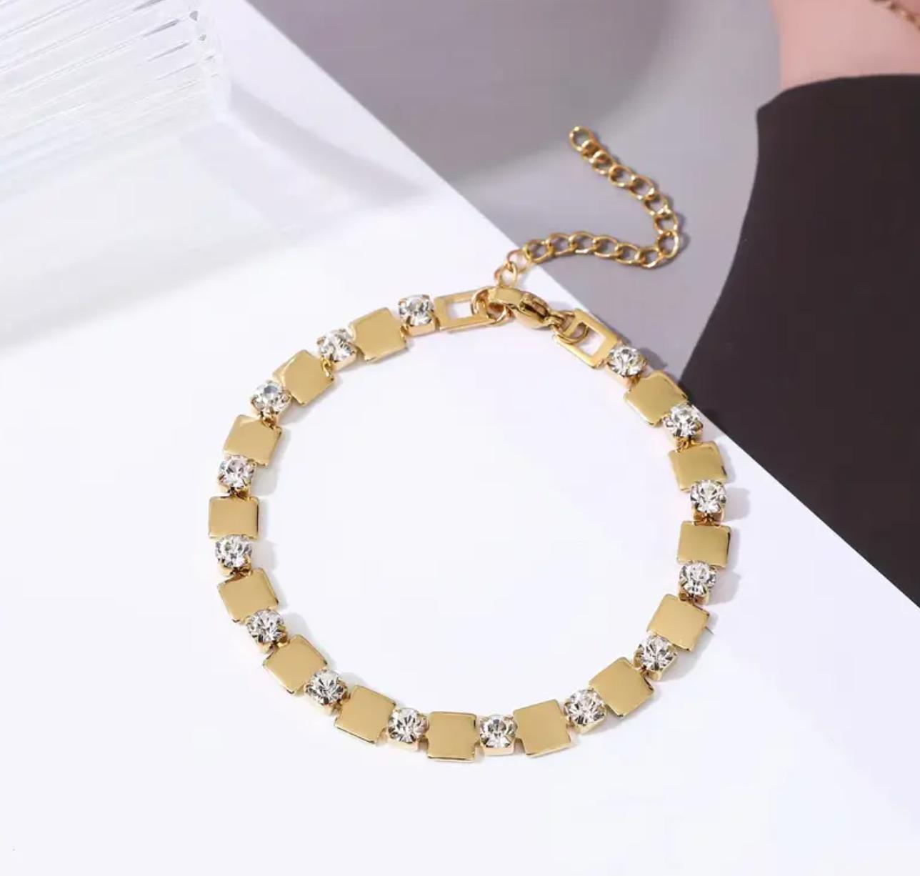 Dia Square Bracelet - 18K Golden Plated Stainless Steel Bracelet with Synthetic Cubic Zirconia