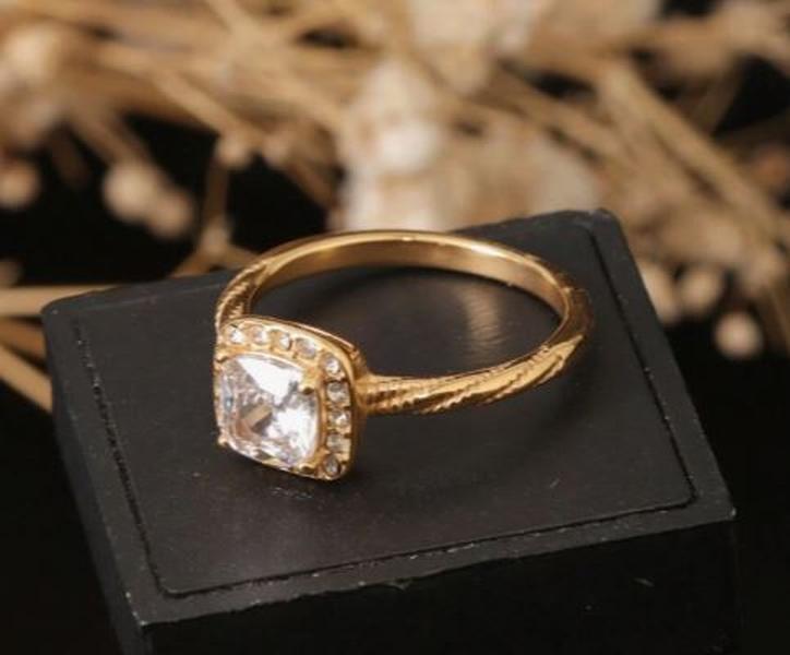 Sonia Ring - Plated Stainless Steel Cubic Zirconia Fortress Shape Large Square Spiral Ring